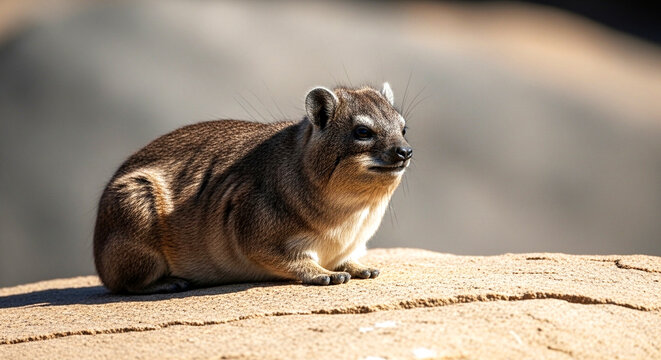 Rock hyrax resting on sunlit stone with soft fur and alert expression. Warm natural light and sharp detail create a charming wildlife scene ideal for nature visuals and conservation themes.
