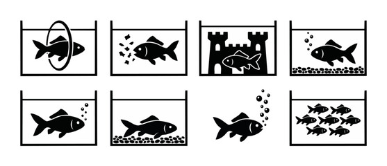 Obraz premium Goldfish Aquarium Icons Set Collection - Black Silhouette Vectors for Pets and Marine Life Designs, Aquatic Activities, Bubbles, Castle and Training Hoops Graphics for Digital Use and Print Projects.