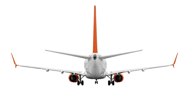 Rear view of a white passenger airplane with orange tail fin and winglets, isolated on transparent background