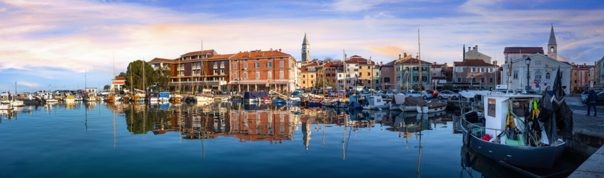 ISOLA, SLOVENIA Wide Panoramic View of the Marina at Sunrise, Traditional Fishing Boats and Yachts in the Harbor, Morning Golden Hour Light Mediterranean Coastal Town wall art print
