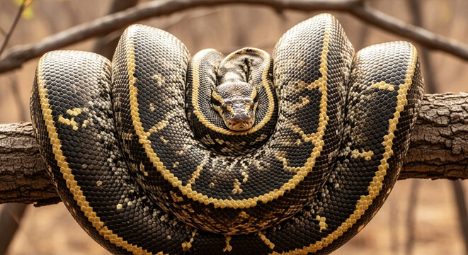 Coiled python resting on a tree branch with intricate patterns and smooth scales. Sharp detail and natural lighting create a striking wildlife scene ideal for nature visuals and themes.