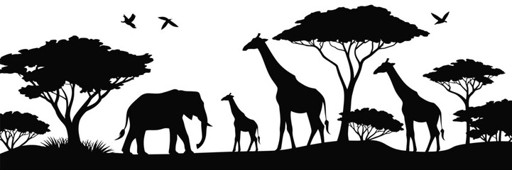 Safari wildlife seamless border featuring elephant, giraffe and savanna landscape in black silhouette, vector illustration with isolated elements for nature graphics. © ABUBOKKORsiddik