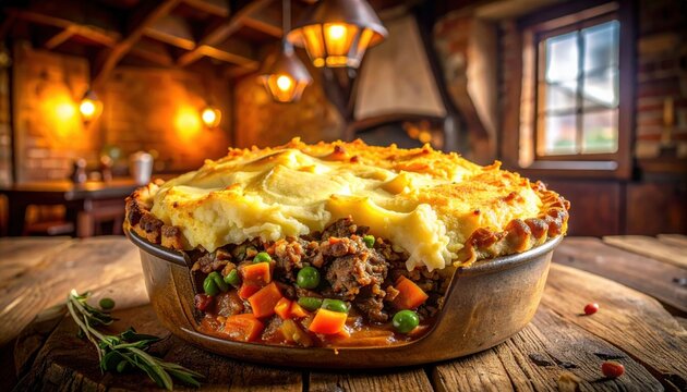 Rustic homemade shepherds pie with a golden mashed potato crust and savory vegetable filling served in a warm dimly lit kitchen setting.