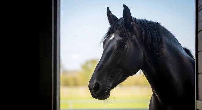 Majestic Black Stallion's Head Peeking Through Stable Door in Sunlight