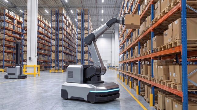 Logistics robot with articulated arm placing cardboard box on high storage rack in distribution center. Advanced automation for supply chain management.