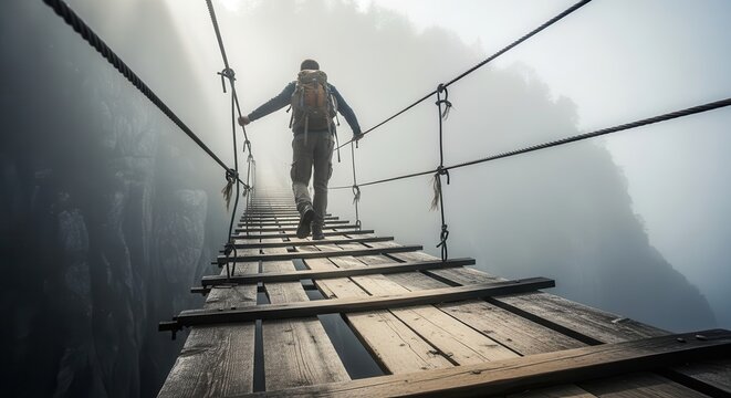 Hiker walks across a narrow wooden suspension bridge high above a foggy mountain abyss.