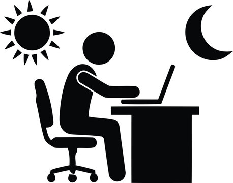 Person working at a desk with sun and moon symbolsPerson working at a desk with sun and moon symbols