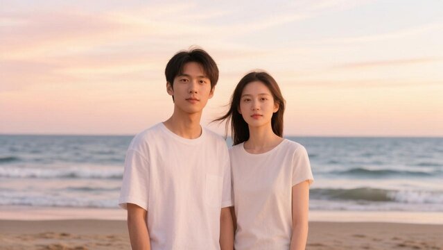 An inseparable brother and sister stand on the seashore against the backdrop of a fabulous vanilla sunset