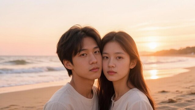An inseparable brother and sister stand on the seashore against the backdrop of a fabulous vanilla sunset