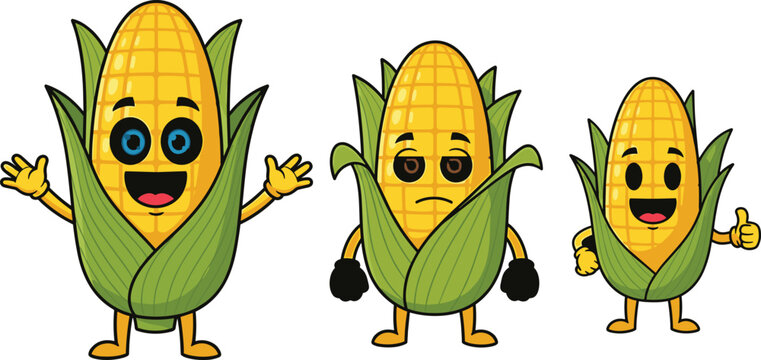 Cute cartoon corn character set with different emotions smiling sad and thumbs up funny vegetable mascot vector illustration