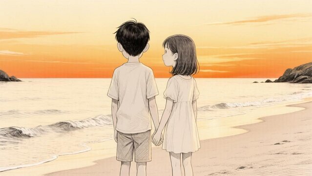An inseparable brother and sister stand on the seashore against the backdrop of a fabulous vanilla sunset