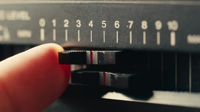 Retro radio tape recorder, audio cassette close-up. Listening to music, old radio boom box player, macro of vintage music listening. 