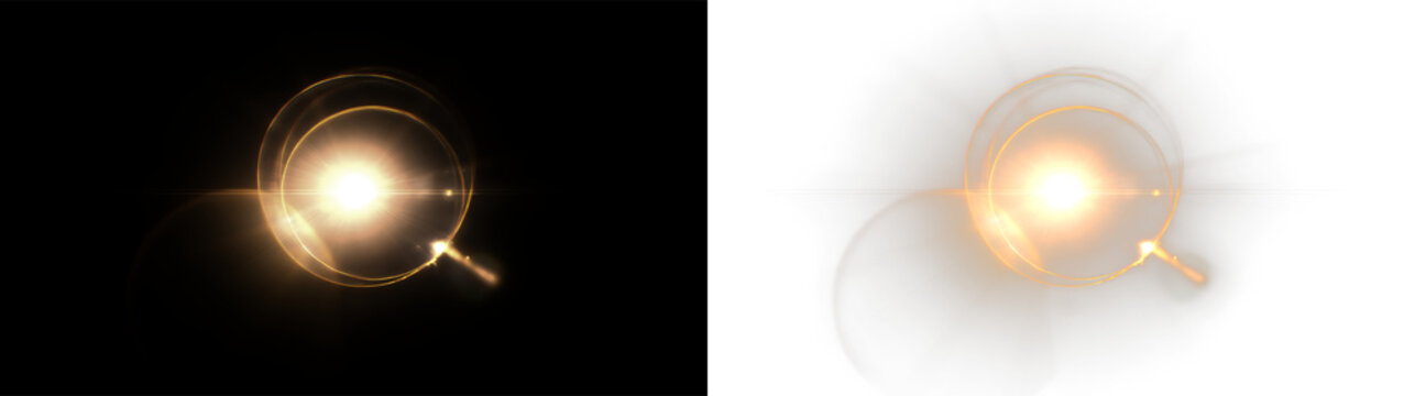Golden light orb with soft warm lens flare elements creating an ethereal glow isolated on transparent and black background, light overlay, PNG