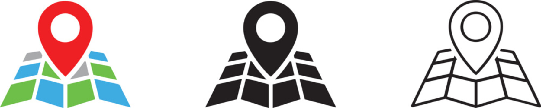 Map location pin icons, 3 navigation marker vector symbols, colorful and black flat map pointers for travel and logistics apps