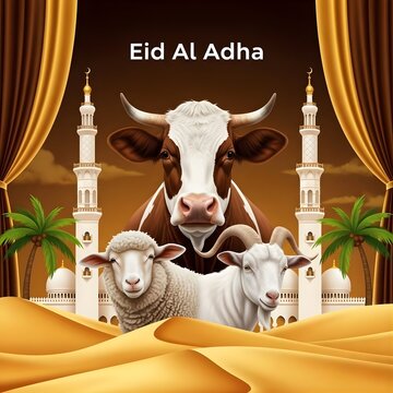Eid Al Adha Banner Featuring Sacrificial Animals and Islamic Architecture Design