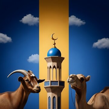 Minimalist Eid Al Adha Concept with Goat, Camel, and Mosque Minaret