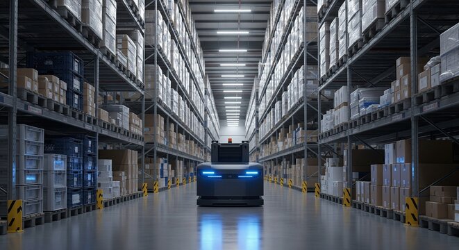 Automated robotic forklift operating in a modern warehouse aisle with high shelves and stacked boxes