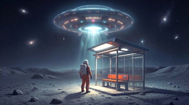 Unidentified flying object hovering over a bus stop on a rocky lunar surface. Astronaut in orange suit observing a glowing spacecraft in deep space.