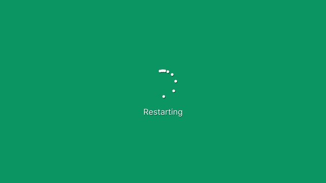 Restarting notification on Computer Screen on green background with dotted round Loading Circle Animation. Restart desktop PC operating system processing. 4K Infinite Loop.