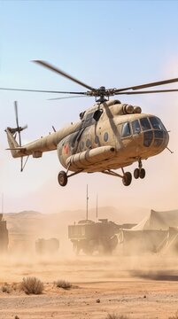 Transport helicopter hovering above desert outpost, kicking up sand during takeoff. Aviation logistics in arid environment.