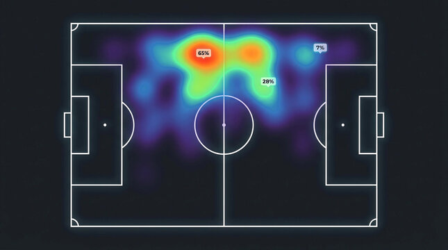 Advanced soccer match heat map analysis displaying player movement density and performance statistics on a dark digital football pitch for tactical scouting.