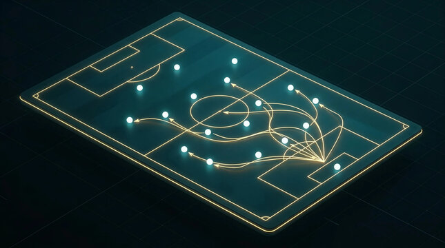Isometric digital soccer tactics board showing player positioning and movement paths with glowing lines and arrows on a modern high tech tablet device.