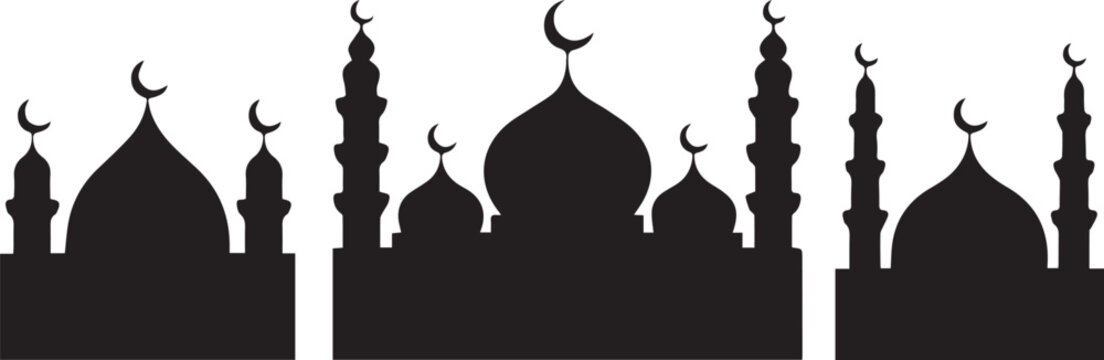 Islamic Mosque Skyline Border Set, Ramadan Eid Mubarak Silhouette with Domes and Minarets Vector.
