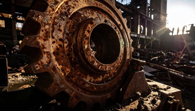 A large rusty metal gear cog with worn and damaged teeth sits abandoned in an old industrial factory, representing the legacy of mechanical history and past engineering achievements.