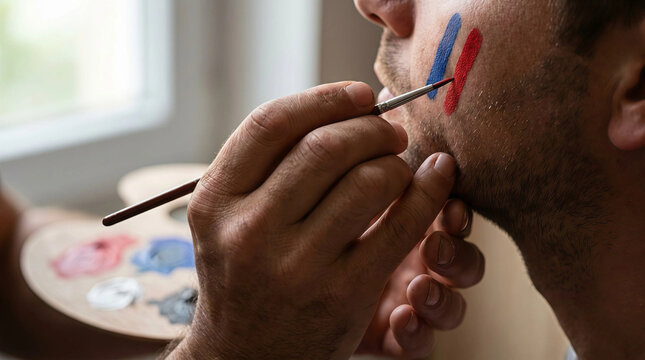 A close up shot of a sports fan getting red and blue team stripes painted on their cheek with a brush during a celebration or match event.