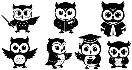 Fototapeta premium Collection of adorable cartoon owls in various educational and wise poses for design and illustration projects
