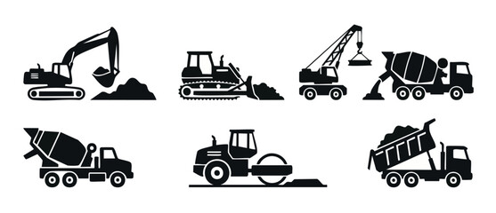 Construction Vehicles Silhouette Icon Set, Heavy Machinery Equipment Collection for Building and Industrial Site Projects, Excavator Crane Dump Truck and Cement Mixer Vector Graphics for Engineering D © Fernando