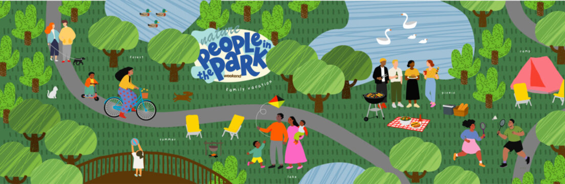 People in a family park. Vector summer illustrations of a picnic in nature, biking, a child on a scooter, a family flying a kite, a barbecue with friends, playing badminton and ball, a walk, camping, 