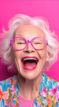 Laughing lady with white hair wearing vibrant pink glasses and floral pattern shirt. Expressive close-up portrait of energetic senior on bright background.
