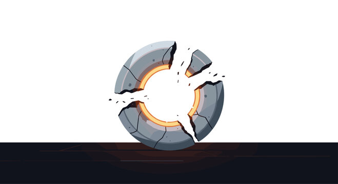 A heavy gray circular stone ring is cracked and broken into three large segments while emitting a warm orange glow from its core against a dark surface.