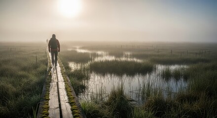 Obraz premium Hiker walks along a wooden boardwalk through a misty marshland at sunrise.