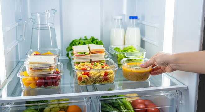 Hand placing food container in organized refrigerator, healthy food storage