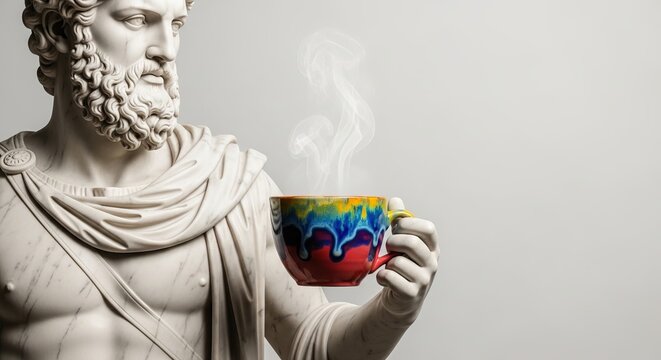 Classical marble statue holding colorful rainbow coffee cup, surreal contrast of ancient art and modern drink