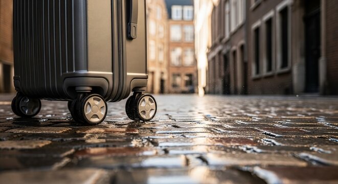 Suitcase with wheels on wet cobblestone street, travel in rainy city, arrival concept