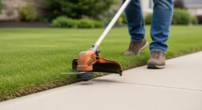 Gardener using grass trimmer to cut lawn edge beside sidewalk, yard maintenance work