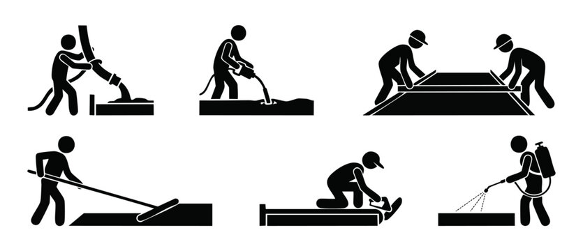 Concrete Construction Workers Icons Set - Pouring, Leveling and Finishing Process Steps - Professional Building Industry Manual Pictogram Collection for Architecture Site Safety and Engineering Projec