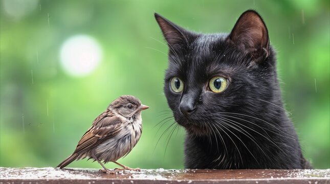 Sparrow perched on wet wooden ledge facing a black cat during rain shower. Close-up of predator and prey interaction in a garden setting.
