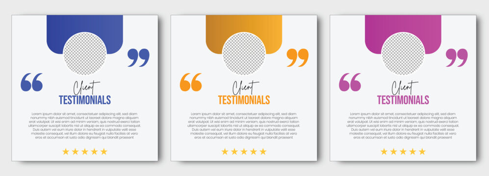 Client testimonial template with quote symbols and star rating, modern gradient banner layout with profile circle and review text, colorful blue orange pink design for feedback 