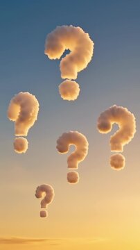 Surreal cloud question marks hovering in golden sunset sky