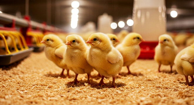 Newly hatched chicks standing in a poultry house with warm lighting and feeding setup. Clean composition and clear detail create an ideal scene for agriculture visuals and poultry farming concepts.