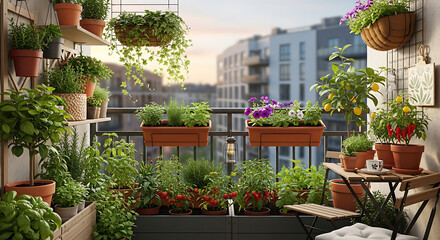 Obraz premium Urban Balcony Garden with Potted Plants and Herbs