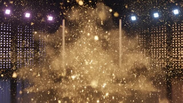 Golden Disco Ball Explodes with Sparks on Stage with Lights.