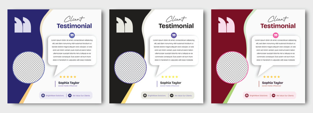 Client testimonial template social media post design with quote bubble rating stars profile circle placeholder modern corporate layout branding concept of marketing promotion and customer feedback