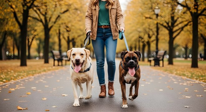 Woman Walking Two Dogs on Leashes down Autumn Park Pathway