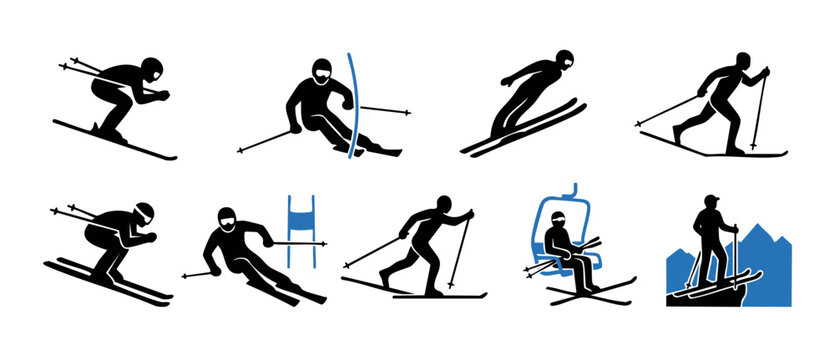 Skiing icons set, flat vector silhouettes of alpine skiers in different action poses on snow slopes, professional mountain resort winter sports pictogram collection for sports apps and infographics de