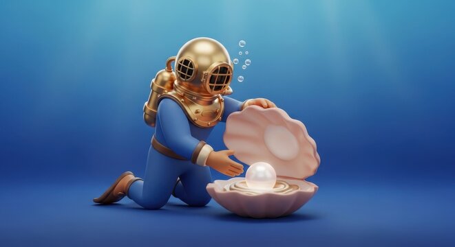 Golden vintage diving helmet looking at glowing white pearl inside open shell